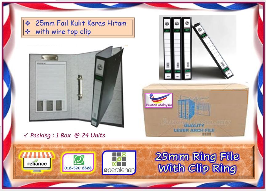 Ring File With Clip Ring - 25mm / 2D Ring File / Arch File / Fail Hitam Keras F4 # Option # LION # ABBA # RP0617 ( KTT : 1 Kotak @ 24 Unit )