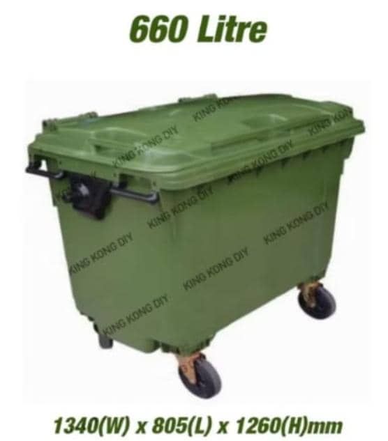 660L Green bandaraya mobile garbage bin (heavy duty), size: 1340W x 805L x 1260H (mm)