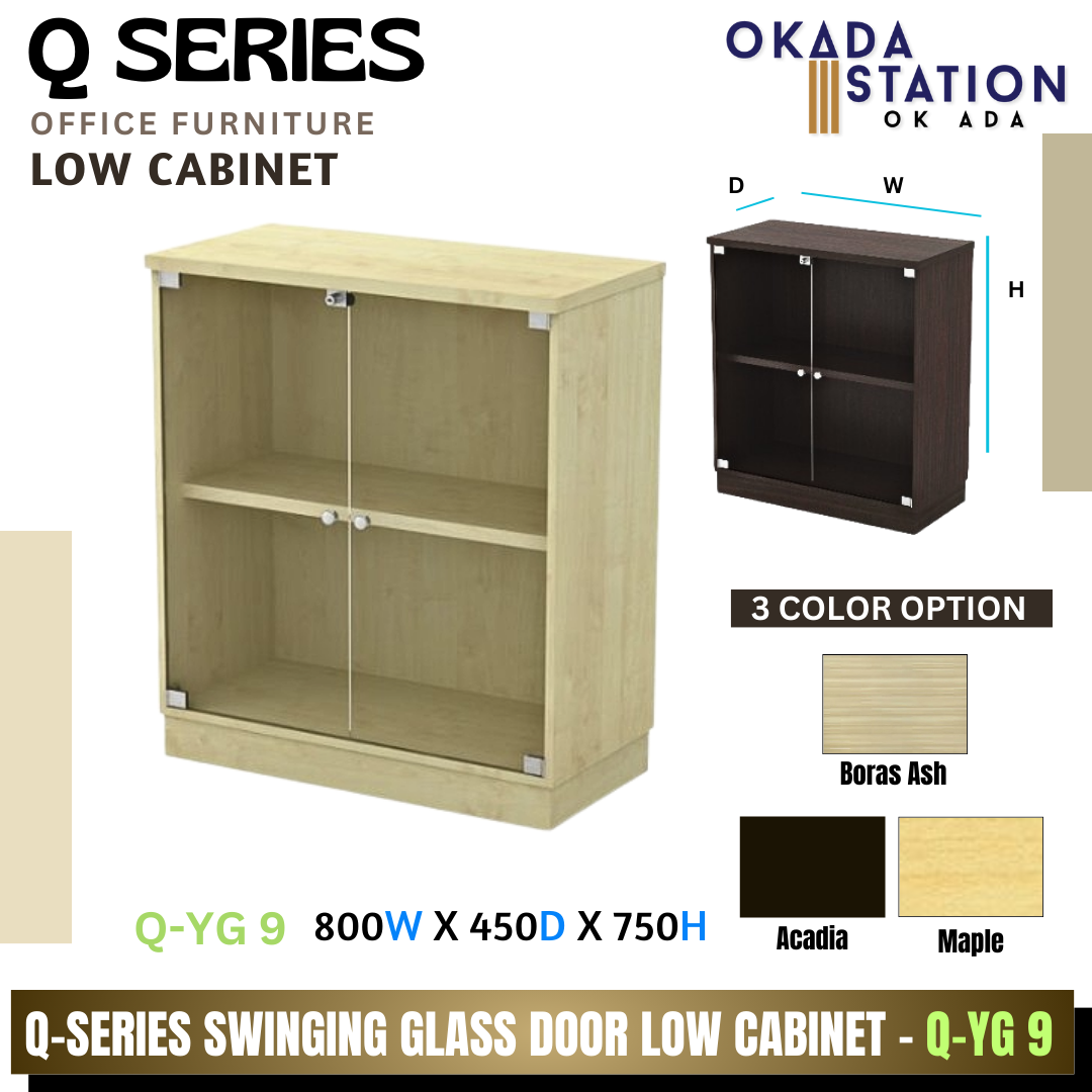 Q SERIES SWINGING GLASS DOOR LOW CABINET - (Q-YG 9) / Q SERIES / WOODEN CABINET / LOW CABINET /SWINGING GLASS DOOR CABINET / SWINGING DOOR CABINET / CABINET