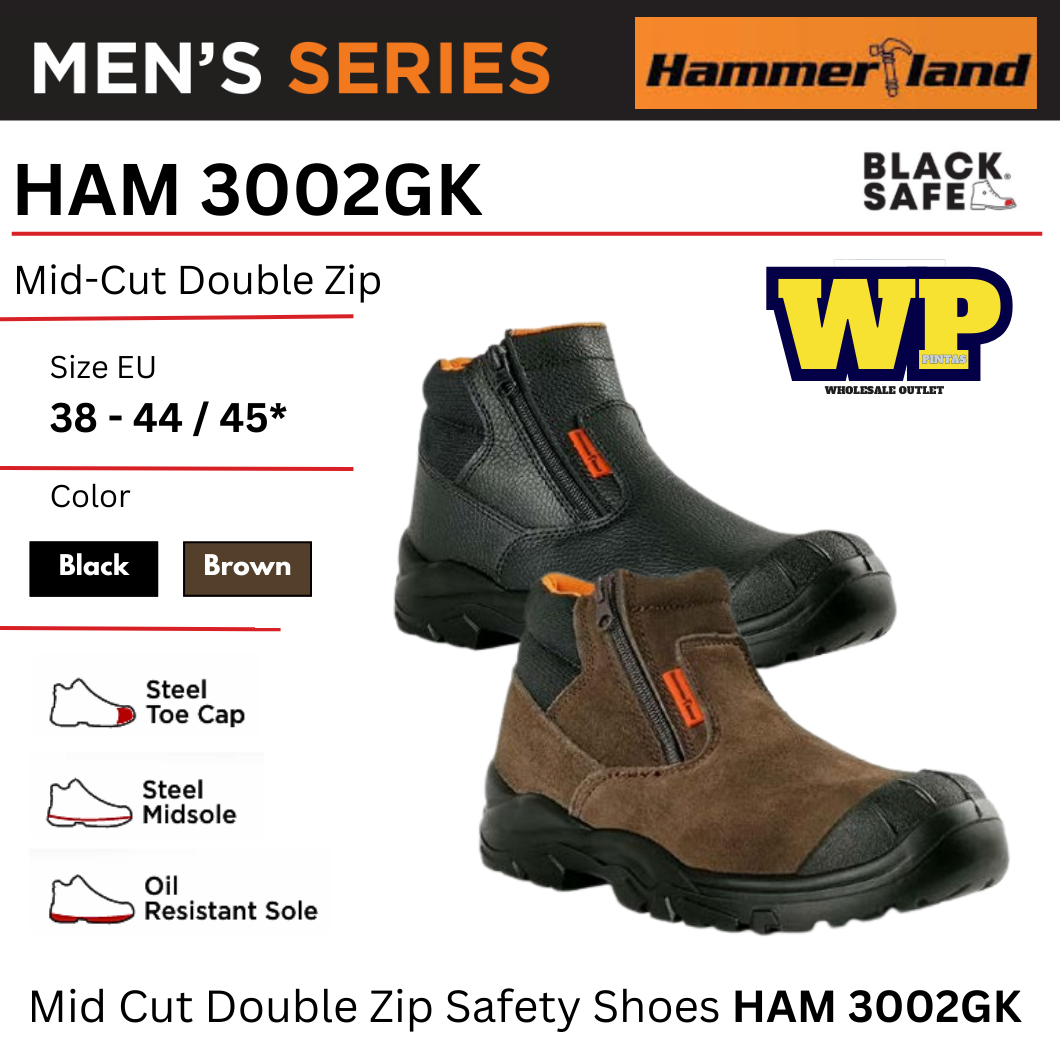 HAMMERLAND(HAMMERLAND FOR BLACK HAMMER) HAMMERLAND MID-CUT DOUBLE ZIP SAFETY SHOES - HAM 3002GK / BLACK HAMMER / BLACK SAFE / MID-CUT DOUBLE ZIP / SAFETY SHOES / SAFETY BOOTS / FOOT PROTECT / KASUT KILANG / KASUT KESELAMATAN / HAM 3002GK