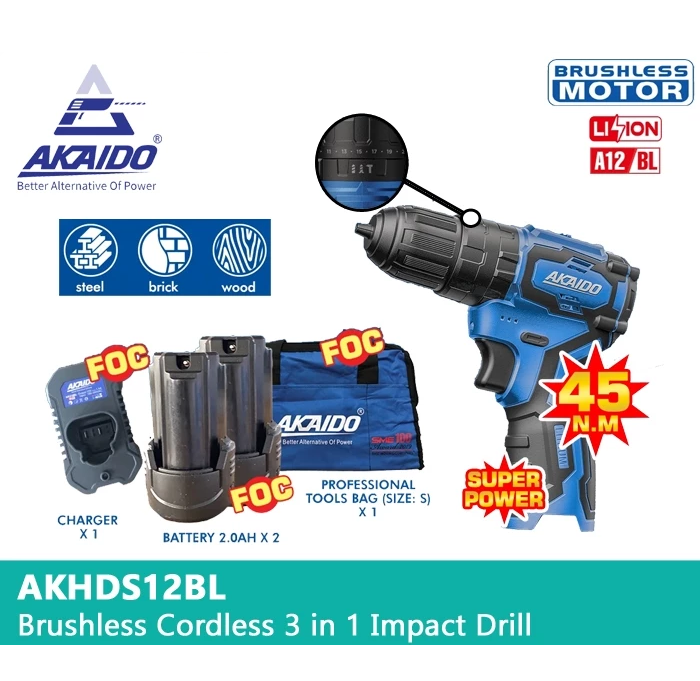 AKAIDO AKHDS12BL Brushless Cordless Impact Drill