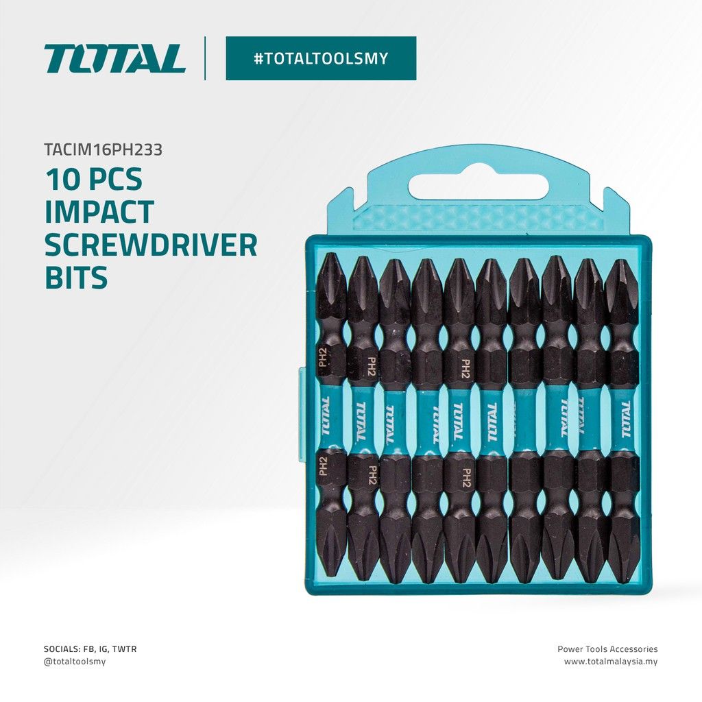 TOTAL IMPACT SCREWDRIVER BITS PHILLIPS PH2 MAGNETIC IN PLASTIC CASE (65MM/1/4"/10 PCS) TACIM16PH233