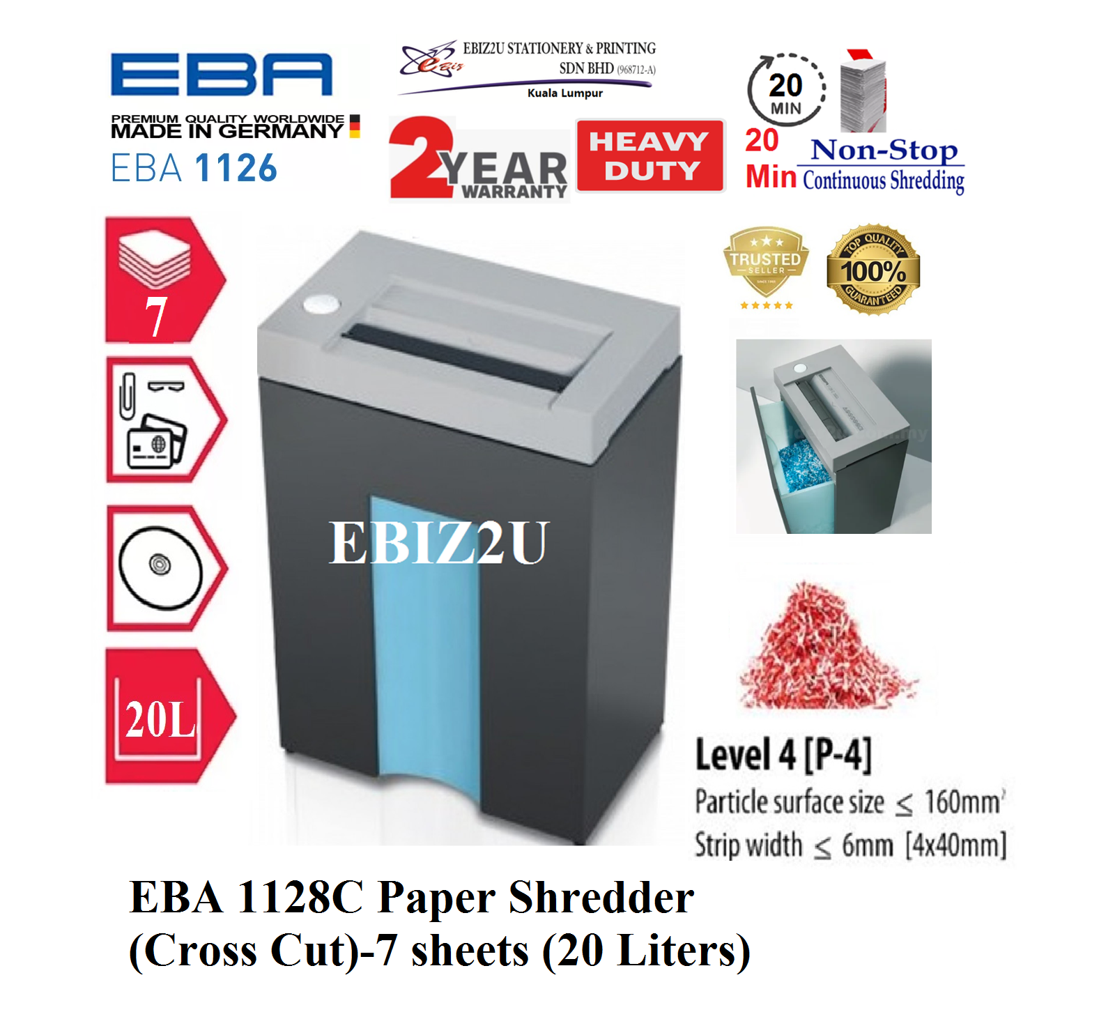 EBA 1128C Paper Shredder (Cross Cut)-13 sheets (20 Liters) 1128 (Cross Cut, Paper Shredder, Shredder Machine, Office Shredder, Heavy Duty Shredder, Mesin Penghancur Kertas)