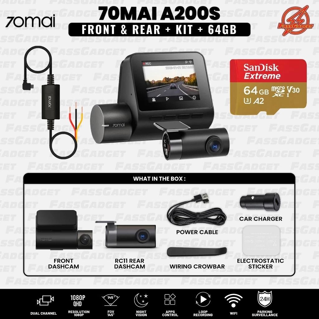 70MAI A200s DASHCAM [Front & Rear c/w 64GB SD Card]