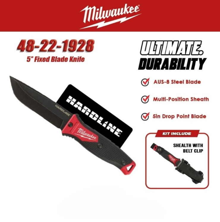 MILWAUKEE 5" HARDLINE FIXED BLADE KNIFE INCLUDE SHEATH WITH BELT CLIP AUS-8 STEEL (48-22-1928)