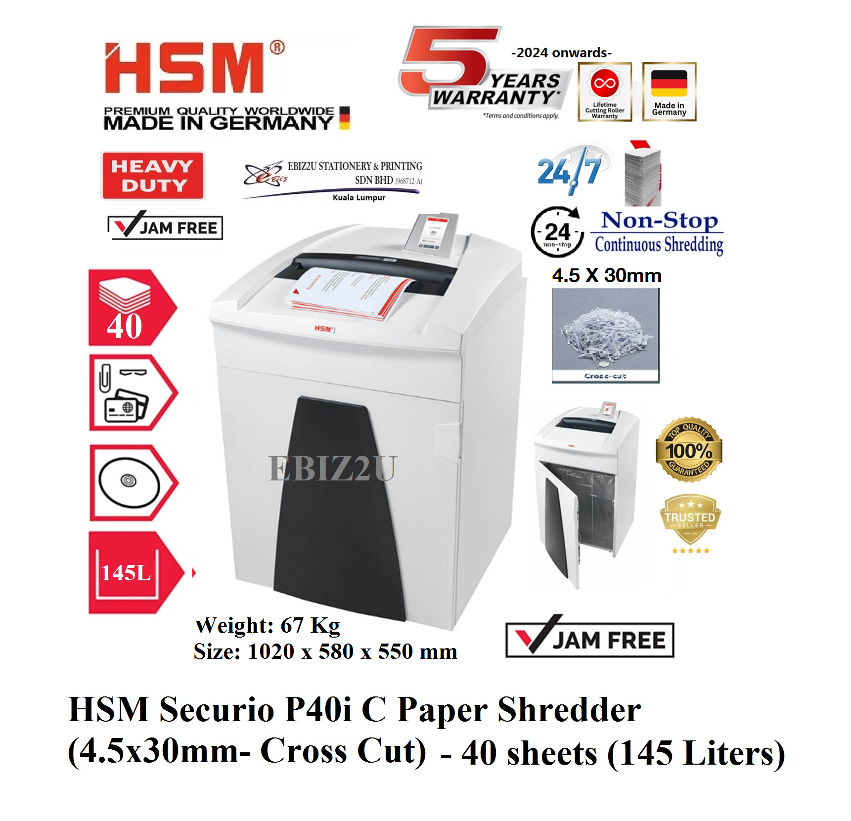 HSM Securio P40i C Paper Shredder (4.5x30mm- Cross Cut) - 40 sheets (145 Liters) P40i (non stop, Cross Cut, Paper Shredder, Shredder Machine, Office Shredder, Heavy Duty Shredder, Mesin Penghancur Kertas)