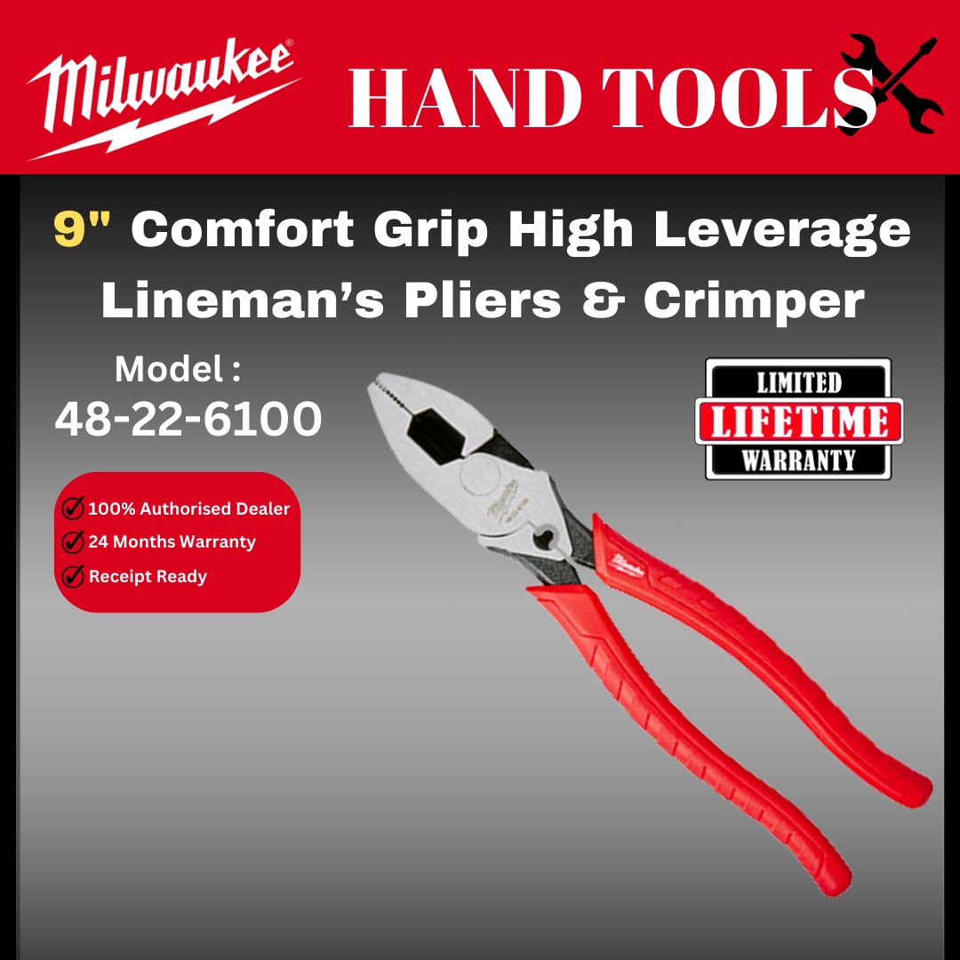 Milwaukee 9" Comfort Grip High Leverage Lineman's Pliers with Grimper / 48-22-6100 / Pliers / Grimpers