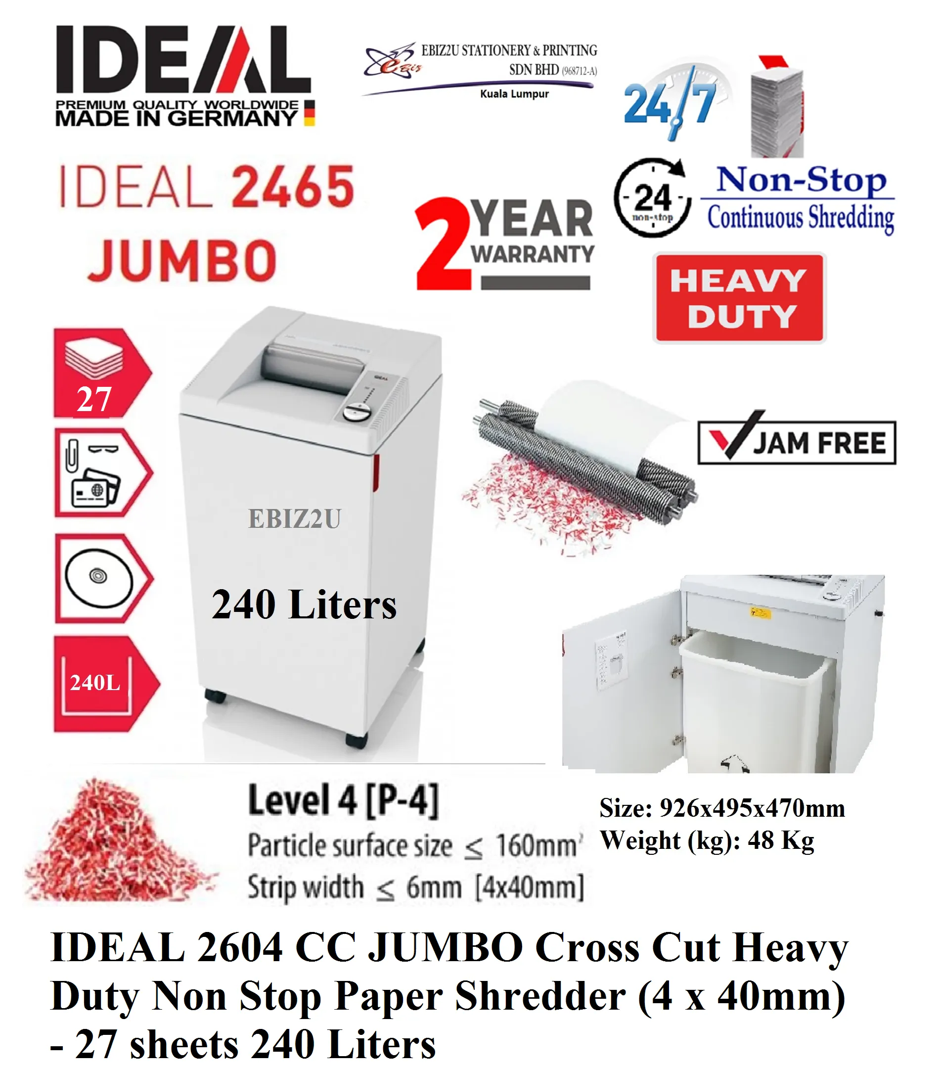IDEAL 2604 CC JUMBO Cross Cut Heavy Duty Non Stop Paper Shredder (4 x 40mm) - 27 sheets 240 Liters Paper Shredder, Shredder Machine, Office Shredder, Mesin Penghancur Kertas, Heavy Duty Shredder, Heavy Duty Paper Shredder