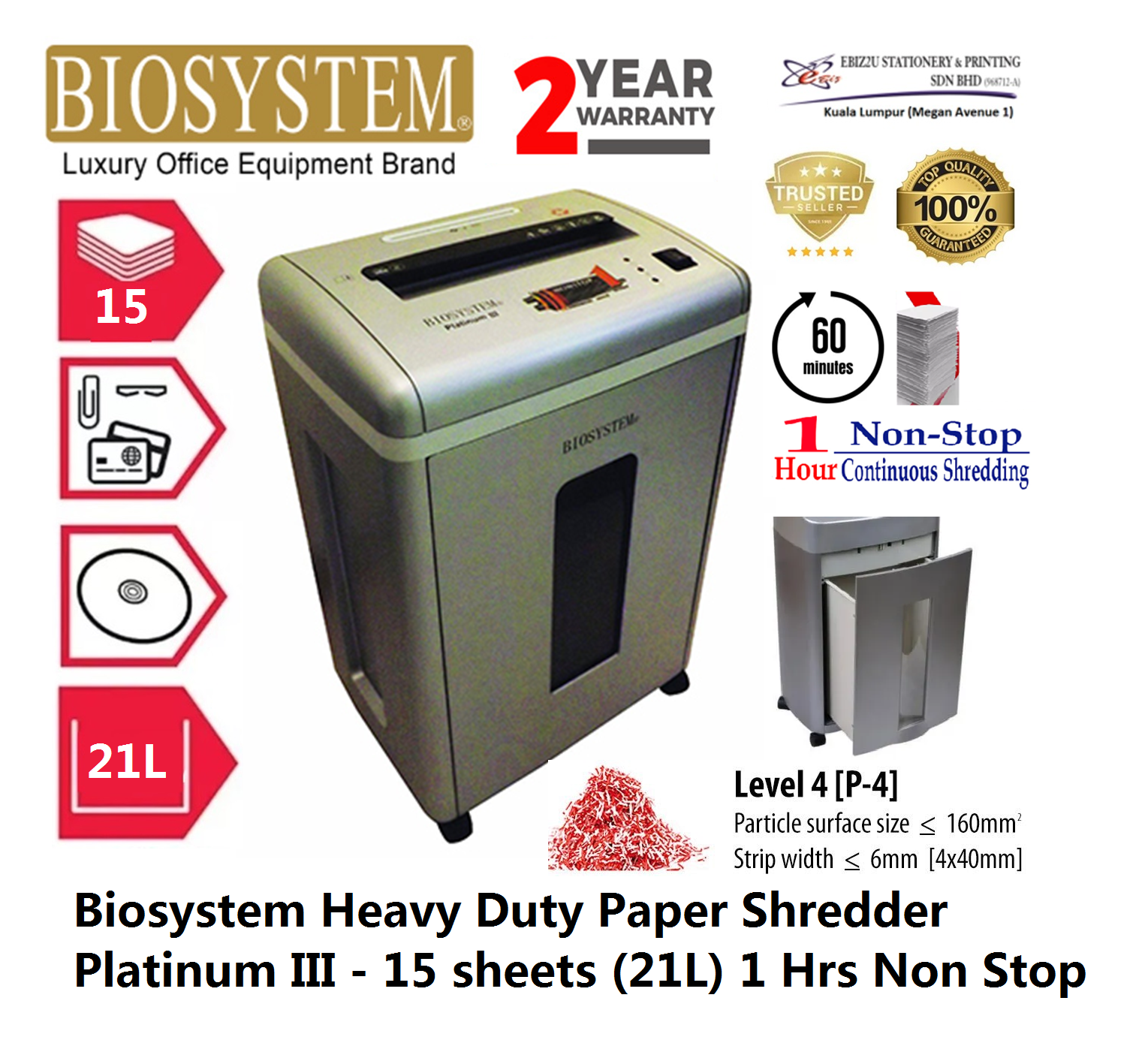 Biosystem Heavy Duty Paper Shredder Platinum III - 15 sheets (21L) 1 Hrs Non Stop (Paper Shredder, Shredder Machine, Office Automation, Micro Cut, Office Shredder, Mesin Penghancur Kertas, Heavy Duty Shredder, Heavy Duty Paper Shredder)
