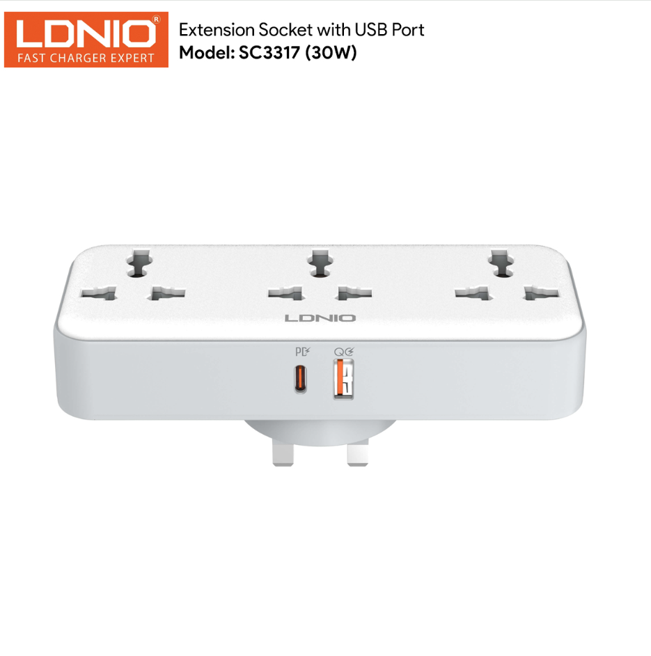 LDNIO EXTENSION SOCKET SC3317 30W USB UK 3-PIN PLUG