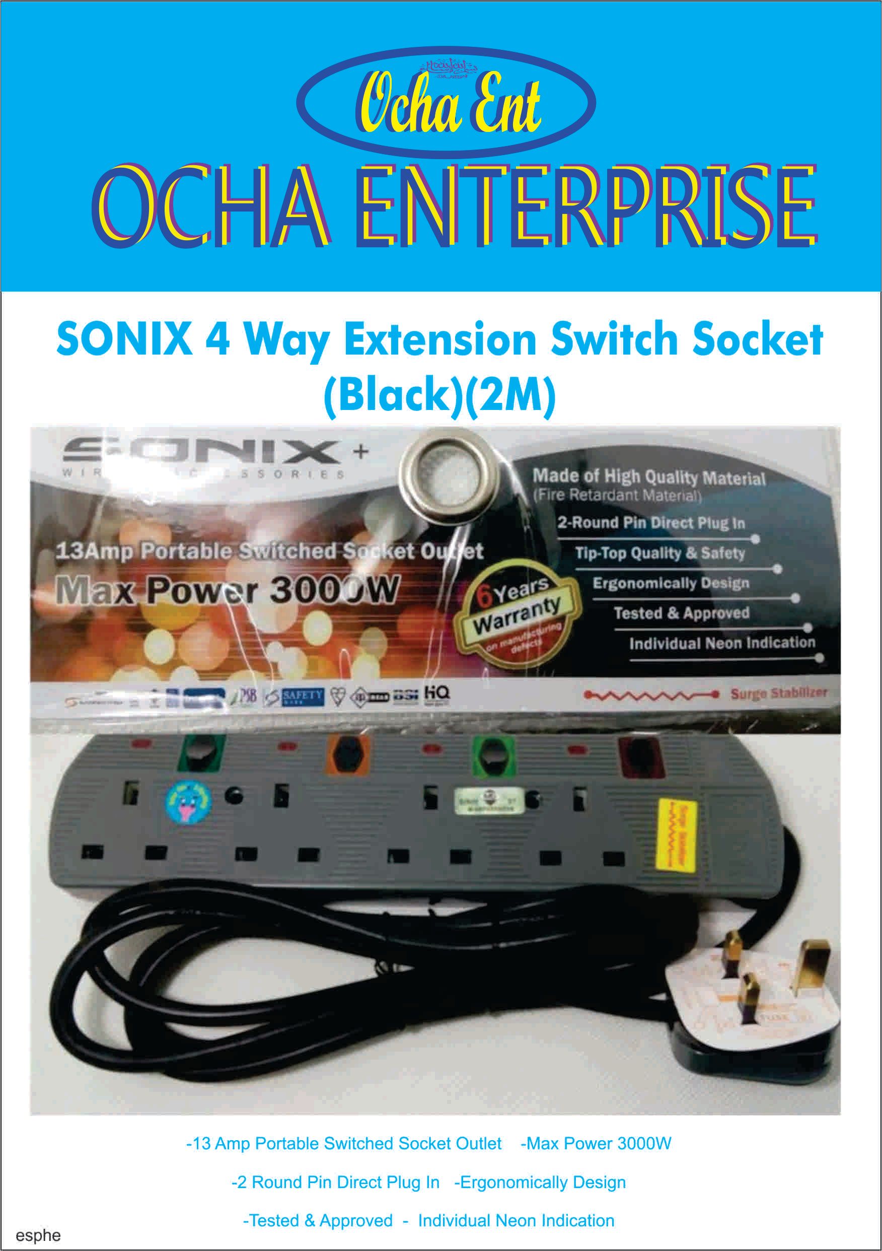 SONIX 4 Way Extension Switch Socket (Black)(2M)