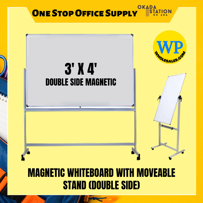 Feeyond Magnetic Whiteboard Double Sided With Moveable Stand 3' x 4' / Double Sided Whiteboard With Stand / Whiteboard with Aluminium Frame / Double Sided Whiteboard / Whiteboard / DMS-34