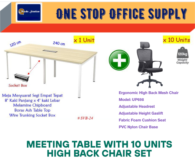 MEETING TABLE WITH 10 UNITS HIGH BACK MESH CHAIR SET / MEJA MESYUARAT / OFFICE TABLE / UP698 HIGH BACK MESH CHAIR / RECTANGULAR CONFERENCE TABLE SL55 SERIES / SVB-24