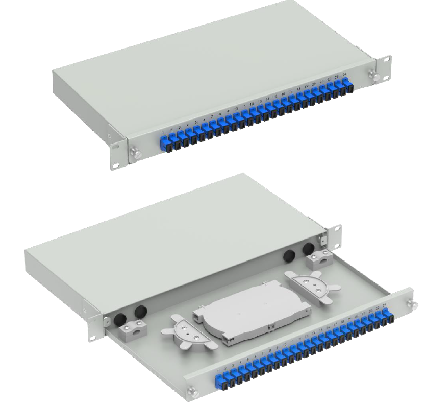12F Drawer Patch Panel Black 19" 1U 1mm No Angle SC SX Port w/ SM SC Adp. w/ SC/UPC Pigtail