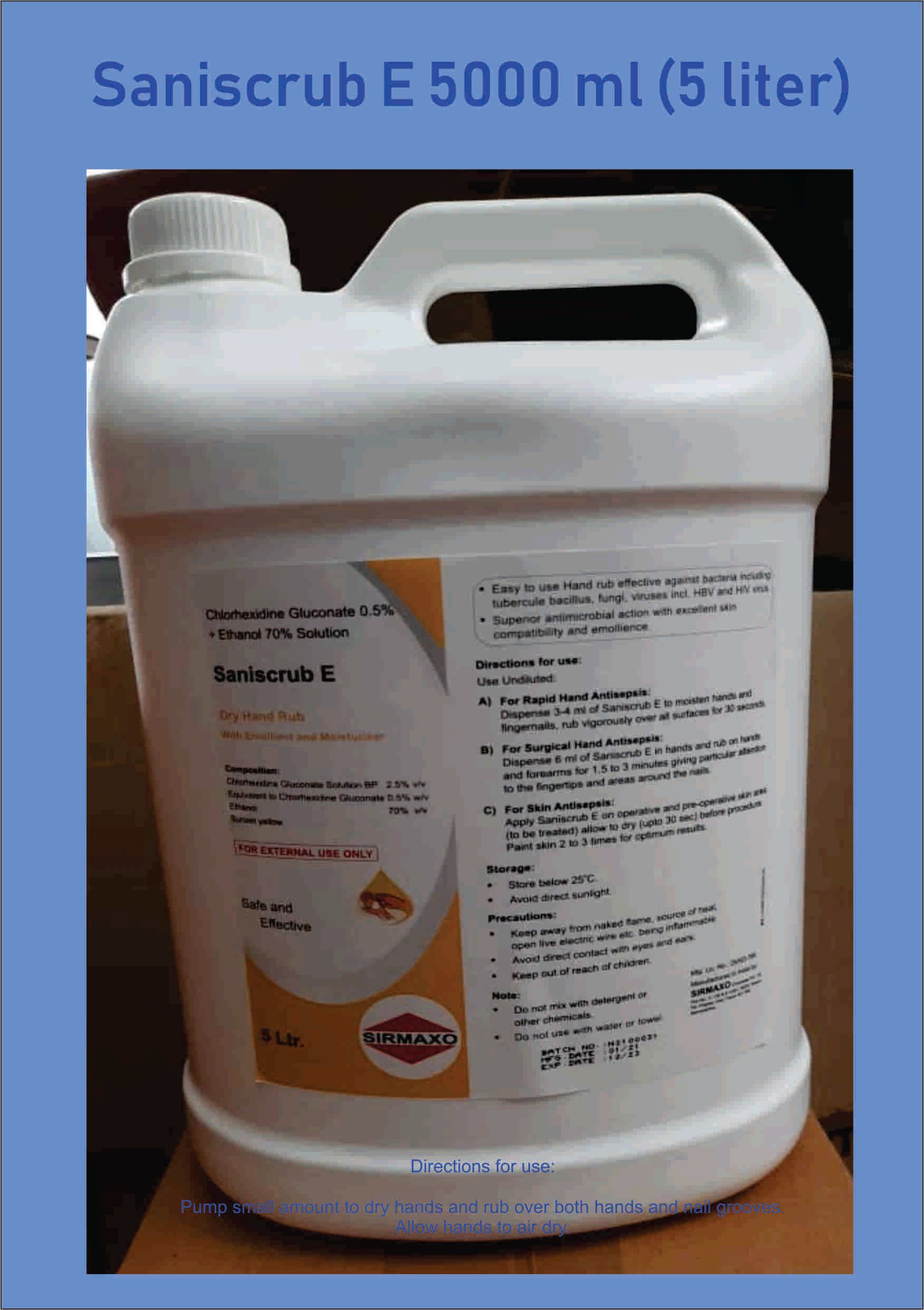 Saniscrub E Solution 5000 ml (5 Ltr) Hand Sanitizer-Free delivery charge peninsular malaysia - pre order stock arrive 28 July 2021