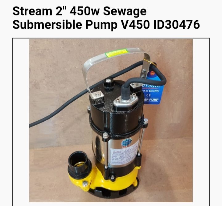 Stream V450: Submersible Sewage Pump, Power 450W, Discharge 2″, 1Ø, Head 8.5m, Flow 200L/min, 18kg Stream V450( Non Auto Switch)Submersible Sewage Pump, Power 450W, Discharge 2″, 1Ø, Head 8.5m, Flow 200L/min, 18kg- FREE DELIVERY COST