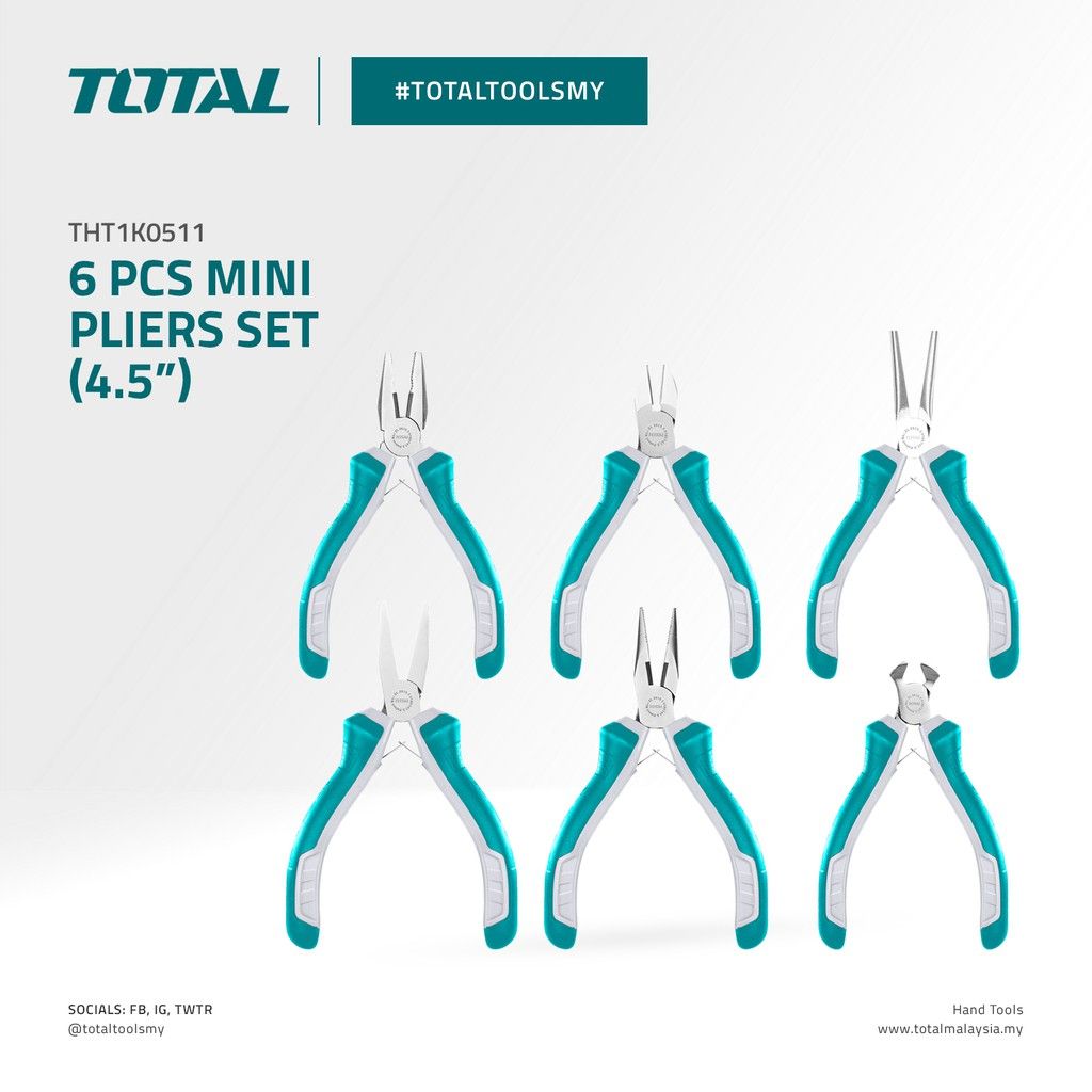 TOTAL MINI PLIERS SET - COMBINATION/DIAGONAL/END CUTTING/LONG/FLAT/NEEDLE NOSE (4.5"/6 PCS) THT1K0511