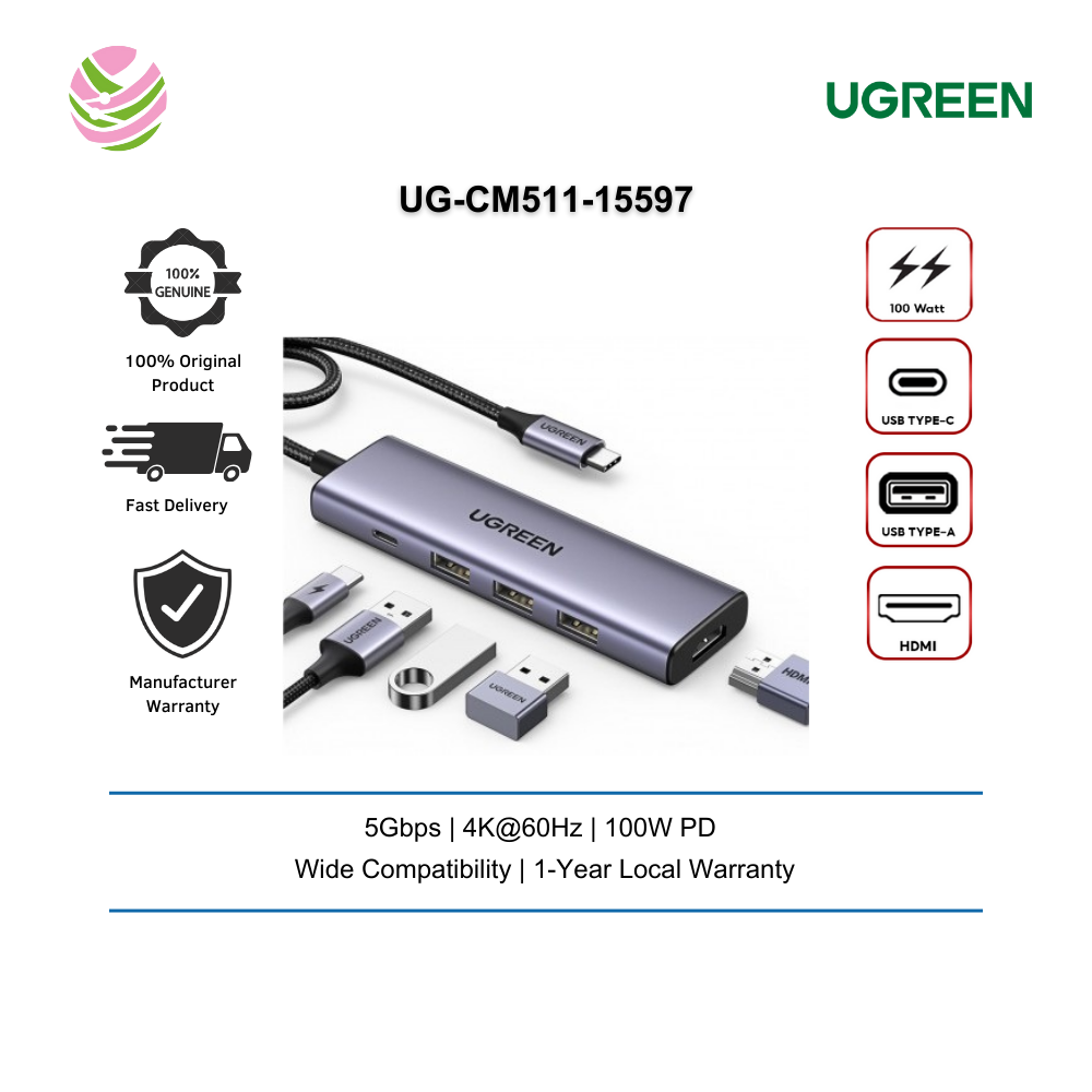 UGREEN USB HUB ADAPTER USB-C 3.2 TO HDMI 4K@60HZ+3*USB-A+PD100W (UG-CM511- 15597)