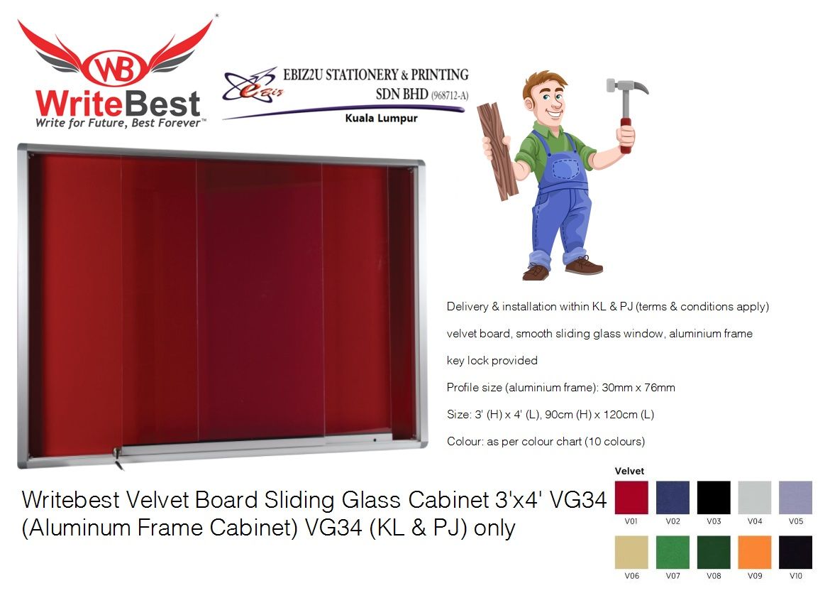 Writebest Velvet Board Sliding Glass Cabinet 3'x4' VG34 (Aluminum Frame Cabinet) VG34 (KL & PJ) only
