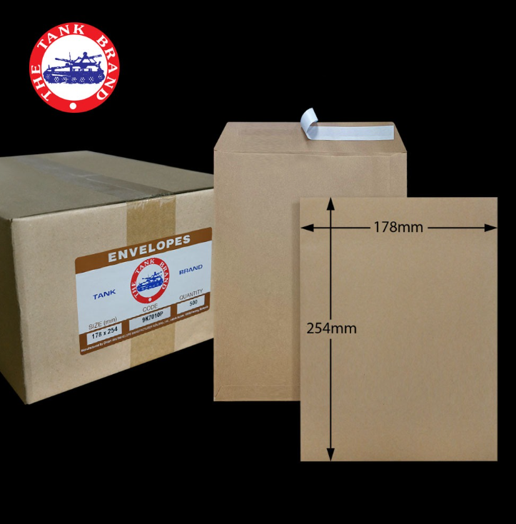 7" X 10" TANK BRAND 90GM KRAFT P&S ENVELOPE (500'S/BOX)