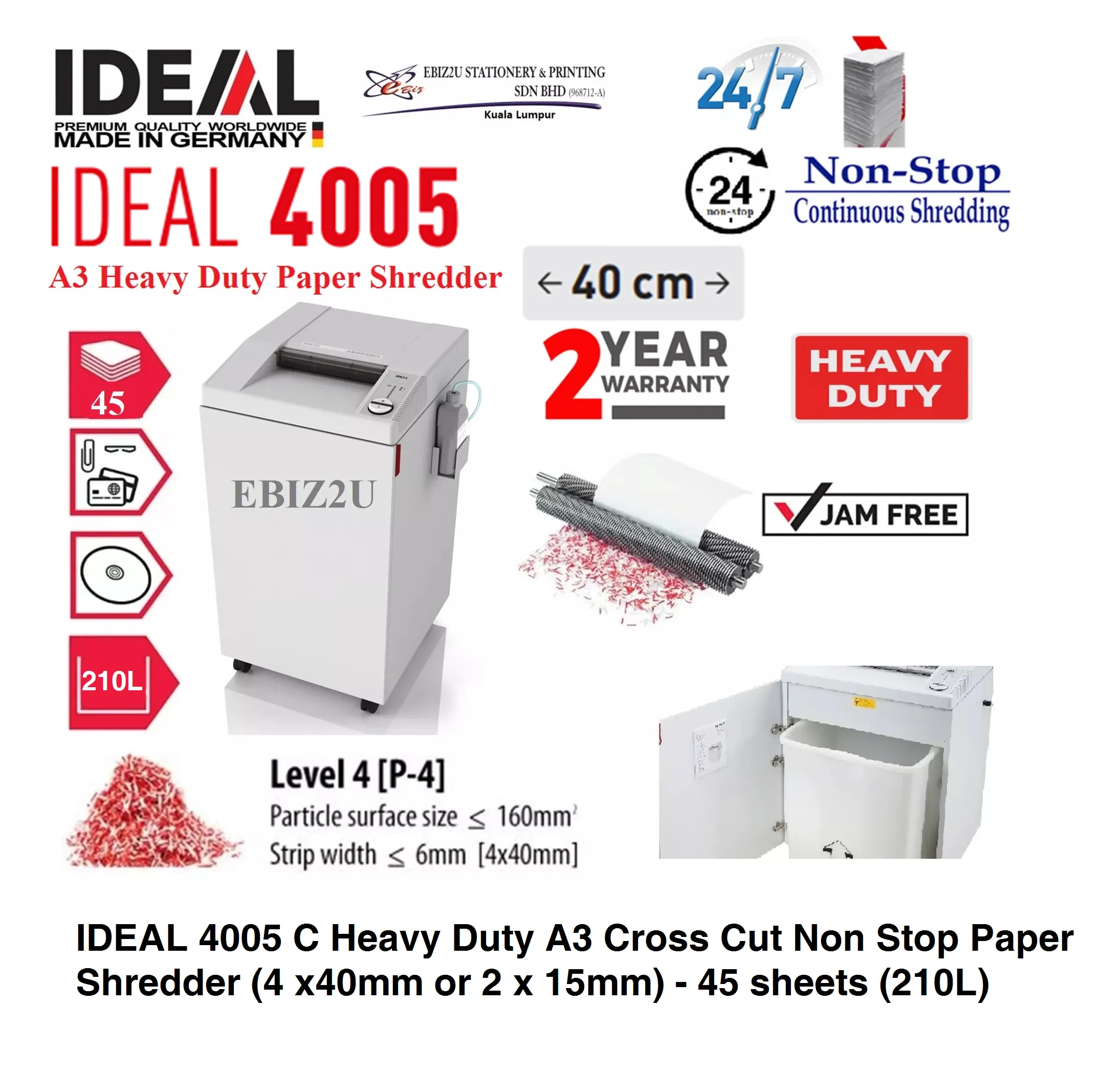 IDEAL 4005 C Heavy Duty A3 Cross Cut Non Stop Paper Shredder (4 x40mm or 2 x 15mm) - 45 sheets (210L) (Non Stop Paper Shredder, Shredder Machine, A3 Paper Shredder, Office Shredder, Mesin Penghancur Kertas, Heavy Duty Shredder, Heavy Duty Paper Shred