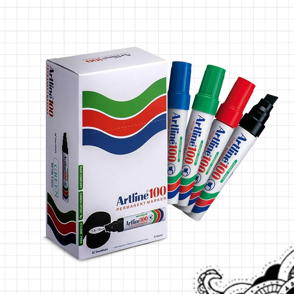 Artline 100 Permanent Marker Box Set (6pcs) - Bold Point 7.5mm - 12.0mm | Chisel Style | 4 Colours | Waterproof  Blue