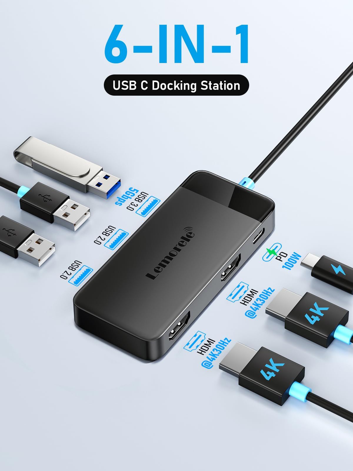 Lemorele TC122 6in1 USB C Docking Station HUB Adapter Ultra HD 4K Qutput Plug and Play - Compatible with Windows, Mac OS, lpad Os