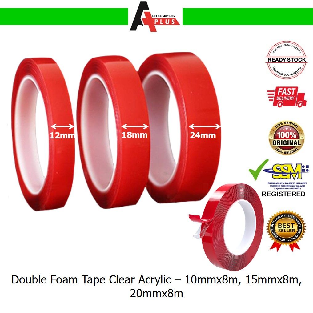 Double Foam Tape Clear Acrylic / Pita Pelekat Dua Belah - 10mmx8m, 15mmx8m, 20mmx8m