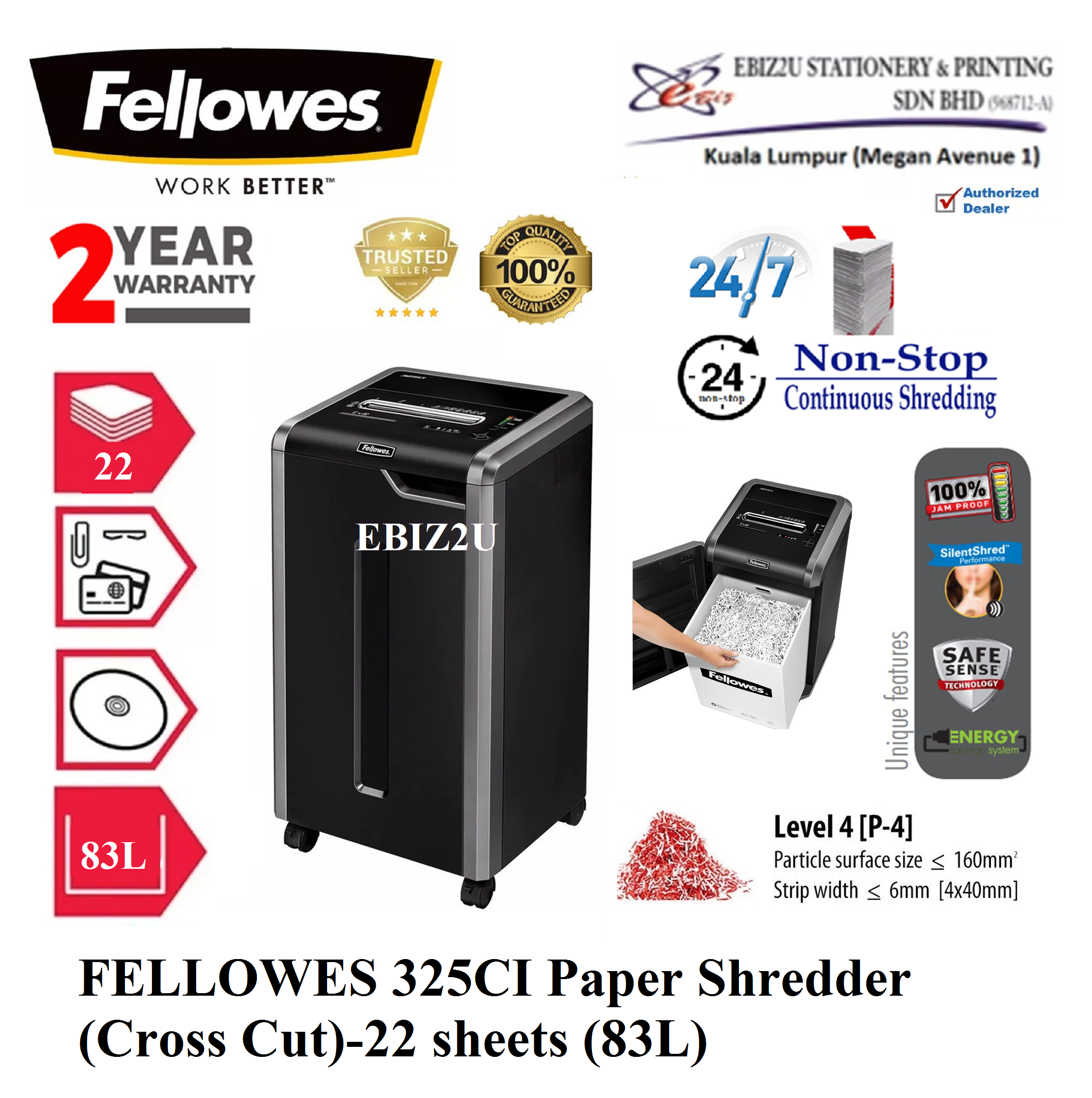 FELLOWES 325CI Paper Shredder (Cross Cut)-22 sheets (83L) (non stop, Cross Cut, Paper Shredder, Shredder Machine, Office Shredder, Heavy Duty Shredder, Mesin Penghancur Kertas)