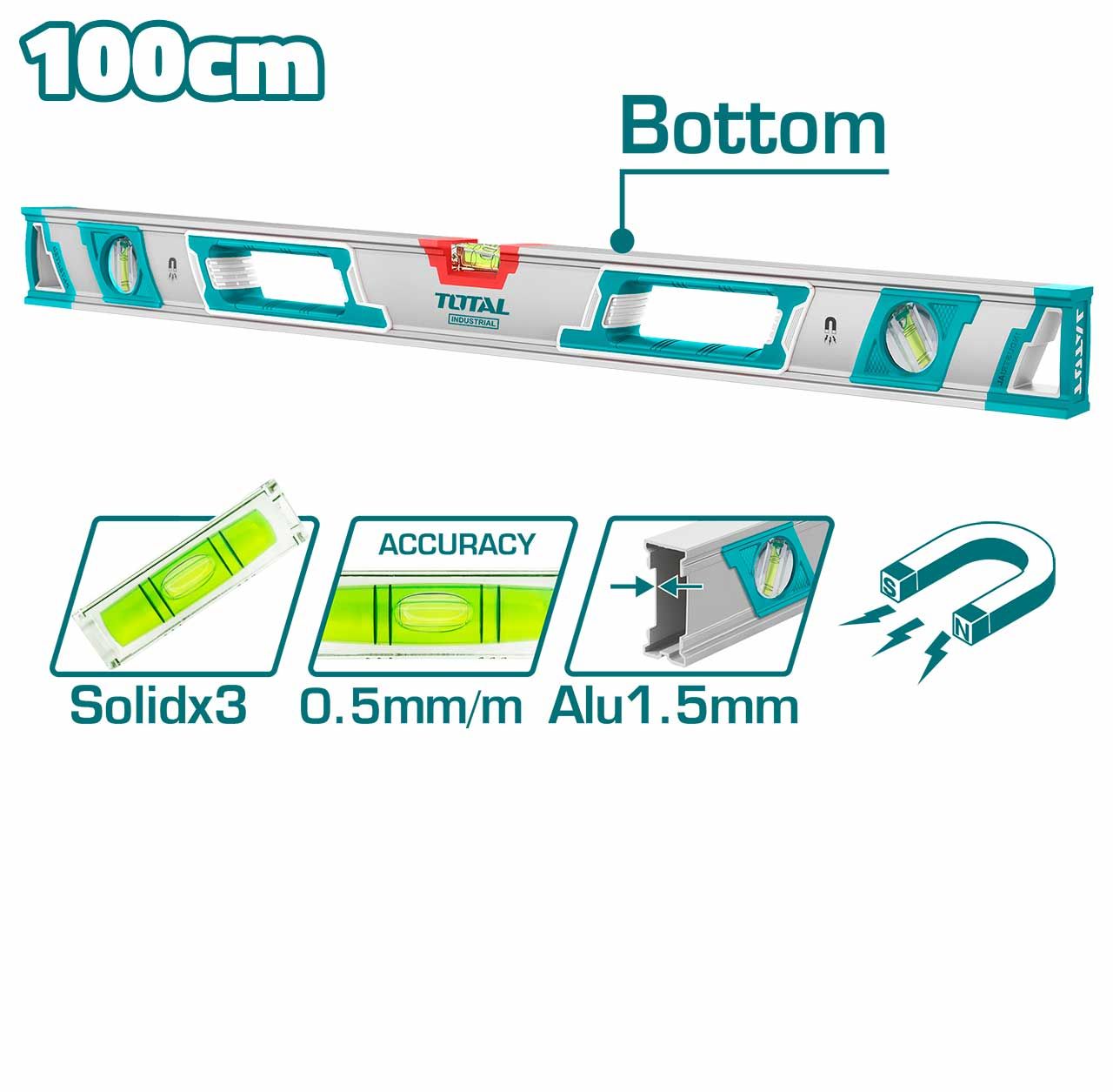 TOTAL SPIRIT LEVEL (100CM) 3 SPIRIT BUBBLE (45° 90° 180°) STRONG MAGNET + SHOCK ABSORBING RUBBER CAPS - TMT210086M