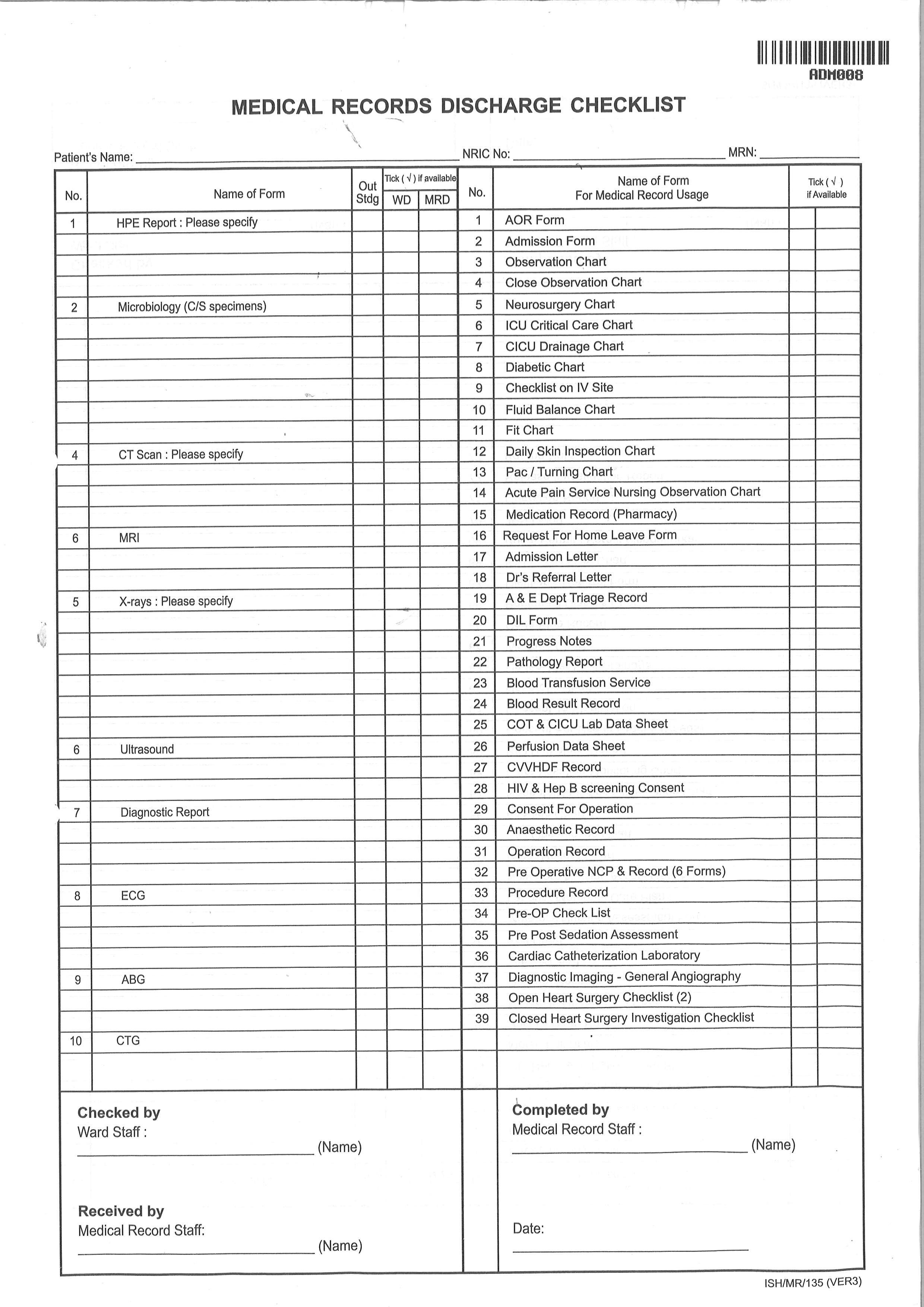 MEDICAL RECORDS DISCHARGE CHECKLIST