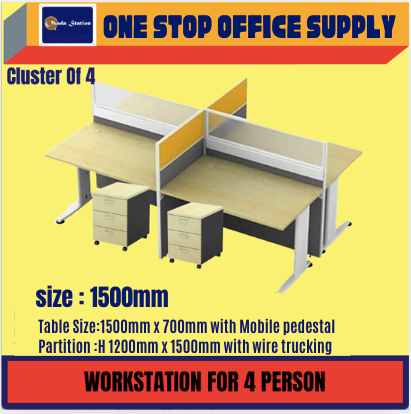 WORKSTATION / CLUSTER OF 4 / SIZE TABLE : 3000MM X 1500MM / L SHAPE LEG / WITH MOBILE PEDESTAL