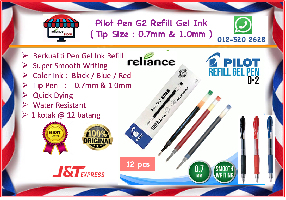 Refill Pilot Pen G2 / Pilot Pen Refill Ink / Pen Pilot G2 Refill Gel Ink # Hitam / Biru / Merah # Size Tips : 0.7mm & 1.0mm # RP-0072-13 ( KTT : 1 Kotak @ 12 batang )