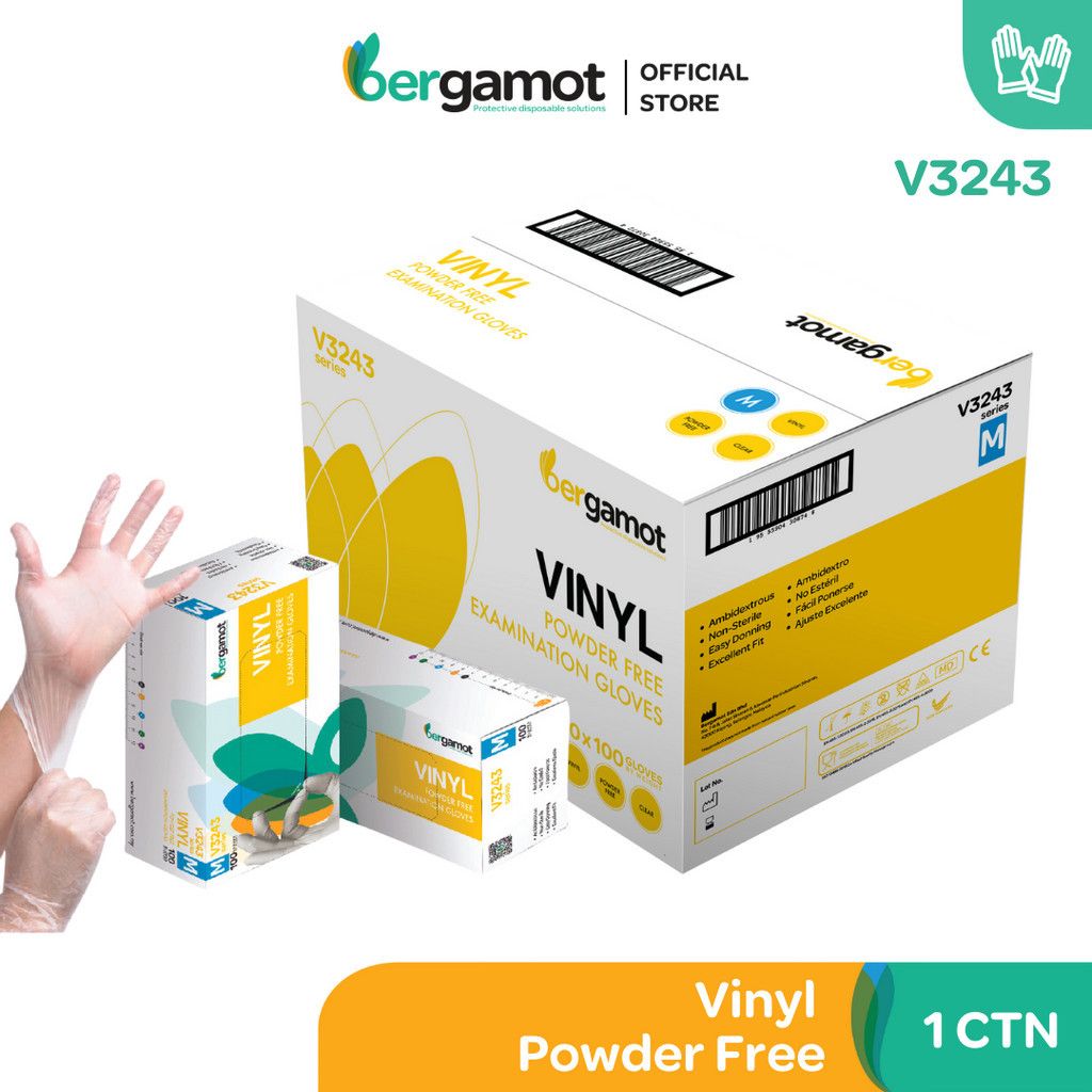 BERGAMOT V3243 Vinyl Powder Free Examination Gloves [10Box/Carton]