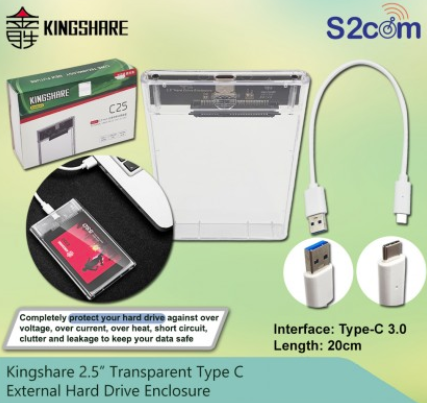 KINGSHARE 2.5” TRANSPARENT TYPE C EXTERNAL HARD DRIVE ENCLOSURE