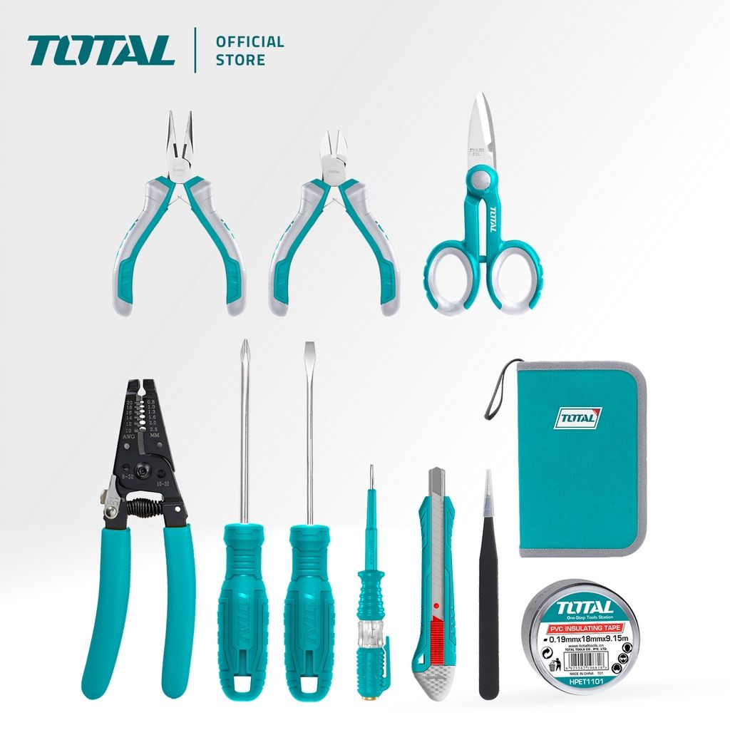 TOTAL ELECTRICIAN TOOLS SET WITH PLIERS WIRE STRIPPER SCISSORS SCREWDRIVER KNIFE TEST PEN & BAG (11 PCS) TKETS0111