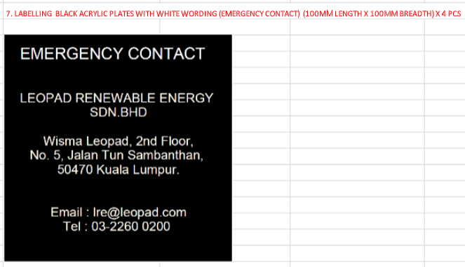 LABELLING  BLACK ACRYLIC PLATES WITH WHITE WORDING (EMERGENCY CONTACT)  (100MM LENGTH X 100MM BREADTH) X 4 PCS