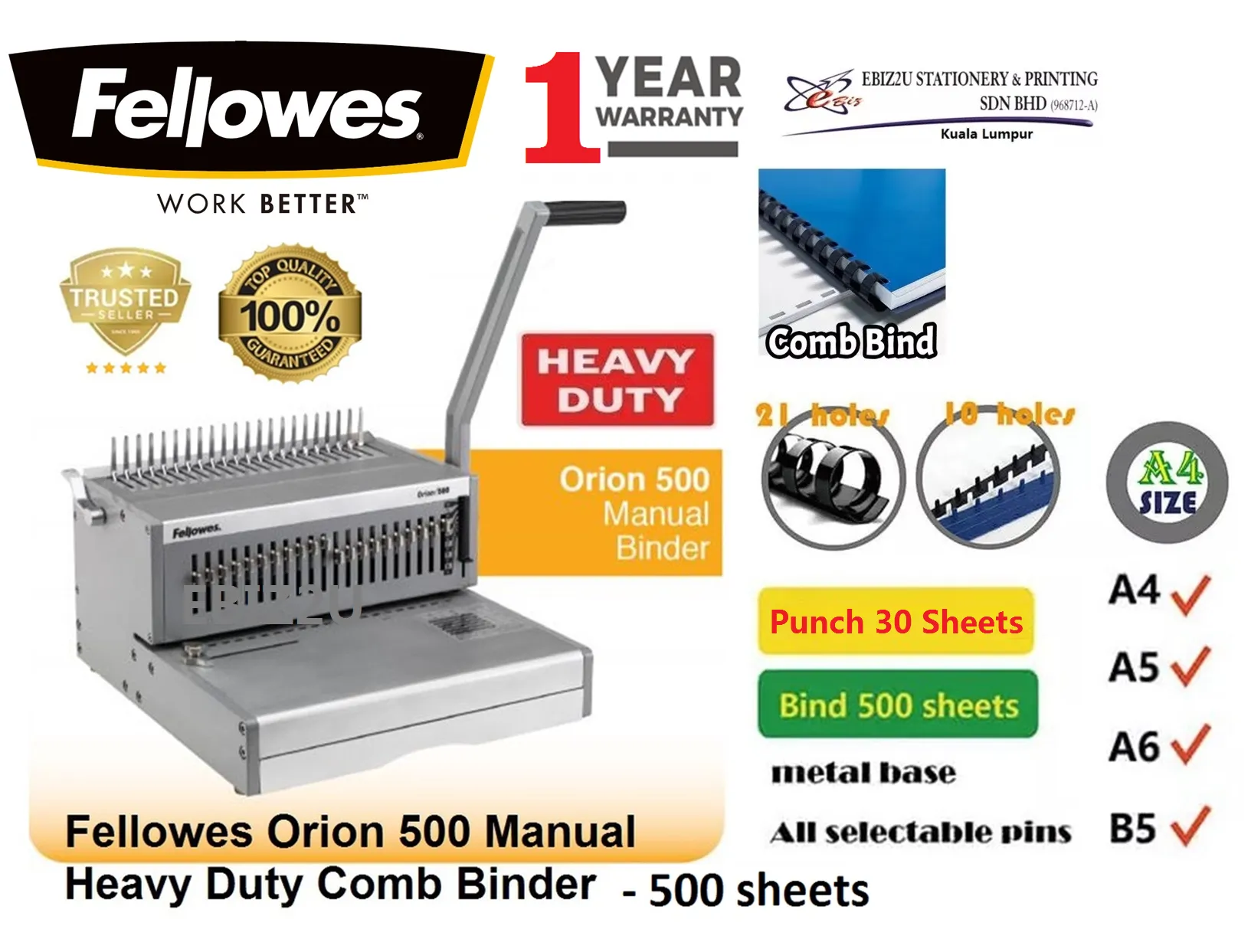 Fellowes Orion 500 Manual Heavy Duty Comb Binder - 500 sheets (Stationery, Office Automation, binding machine, heavy duty binding machine, best binding machine, office supply store near me, office supplies near me,stationery shop