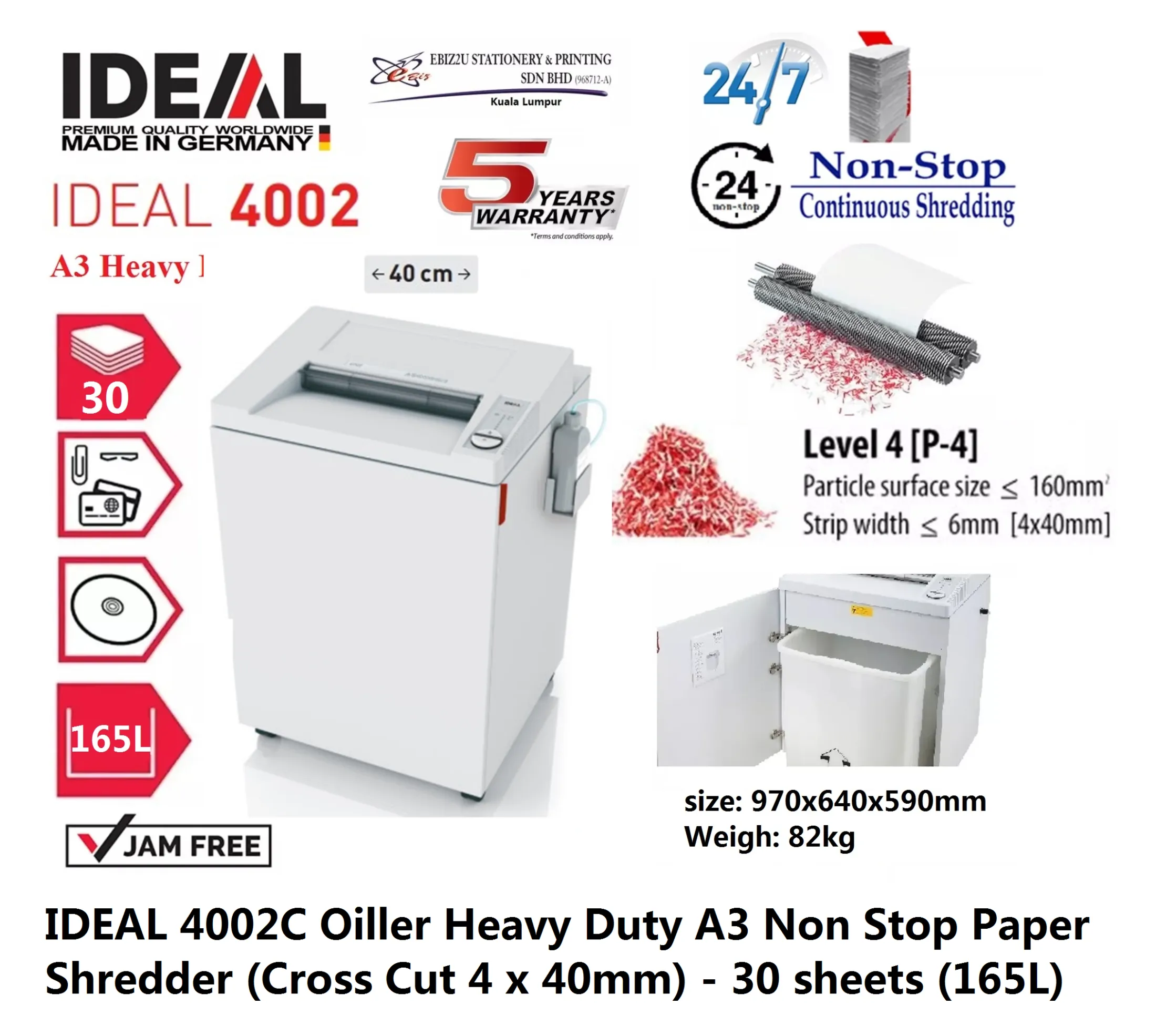 IDEAL 4002 C Oiller Heavy Duty A3 Non Stop Paper Shredder (Cross Cut 4 x 40mm) - 30 sheets (165L) (Non Stop Paper Shredder, Shredder Machine, A3 Paper Shredder, Office Shredder, Mesin Penghancur Kertas, Heavy Duty Shredder)
