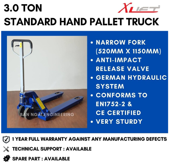 X-LIFT 3 TON HAND PALLET TRUCK NARROW FORK (520MM X 1150MM) MANUAL PALLET JACK HAND JACK HEAVY DUTY| 1 YEAR WARRANTY