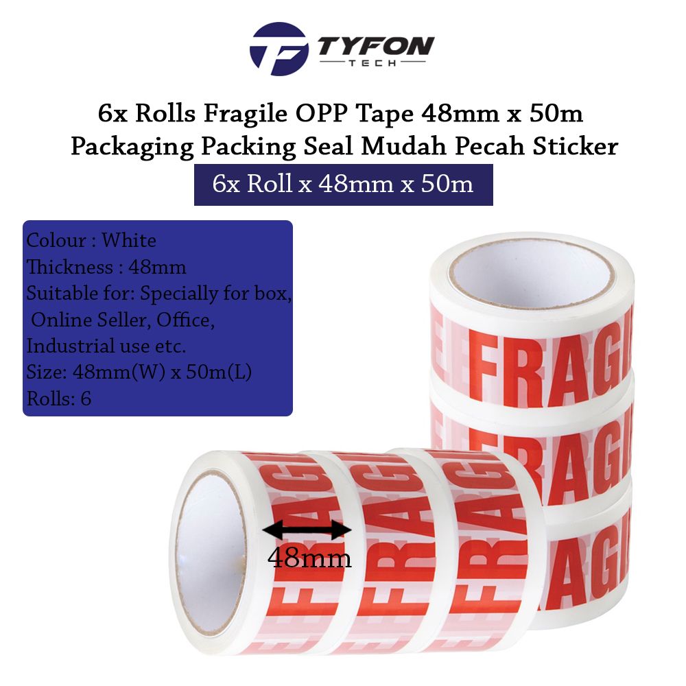 6x Rolls Fragile OPP Tape 48mm x 50m Packaging Packing Seal Mudah Pecah Sticker