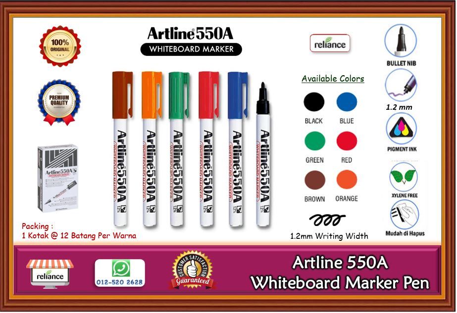 Artline 550A Whiteboard Marker Pen (1.2mm) / Artline Marker Pen / Pen Marker Whiteboard # Fine Dip 1.2mm Writing Width # Tulisan Ink Mudah Dipadam # 6 Warna Ink Untuk Pilihan #RP-0175 (KTT : 1 Kotak @ 12 Batang Per Warna)