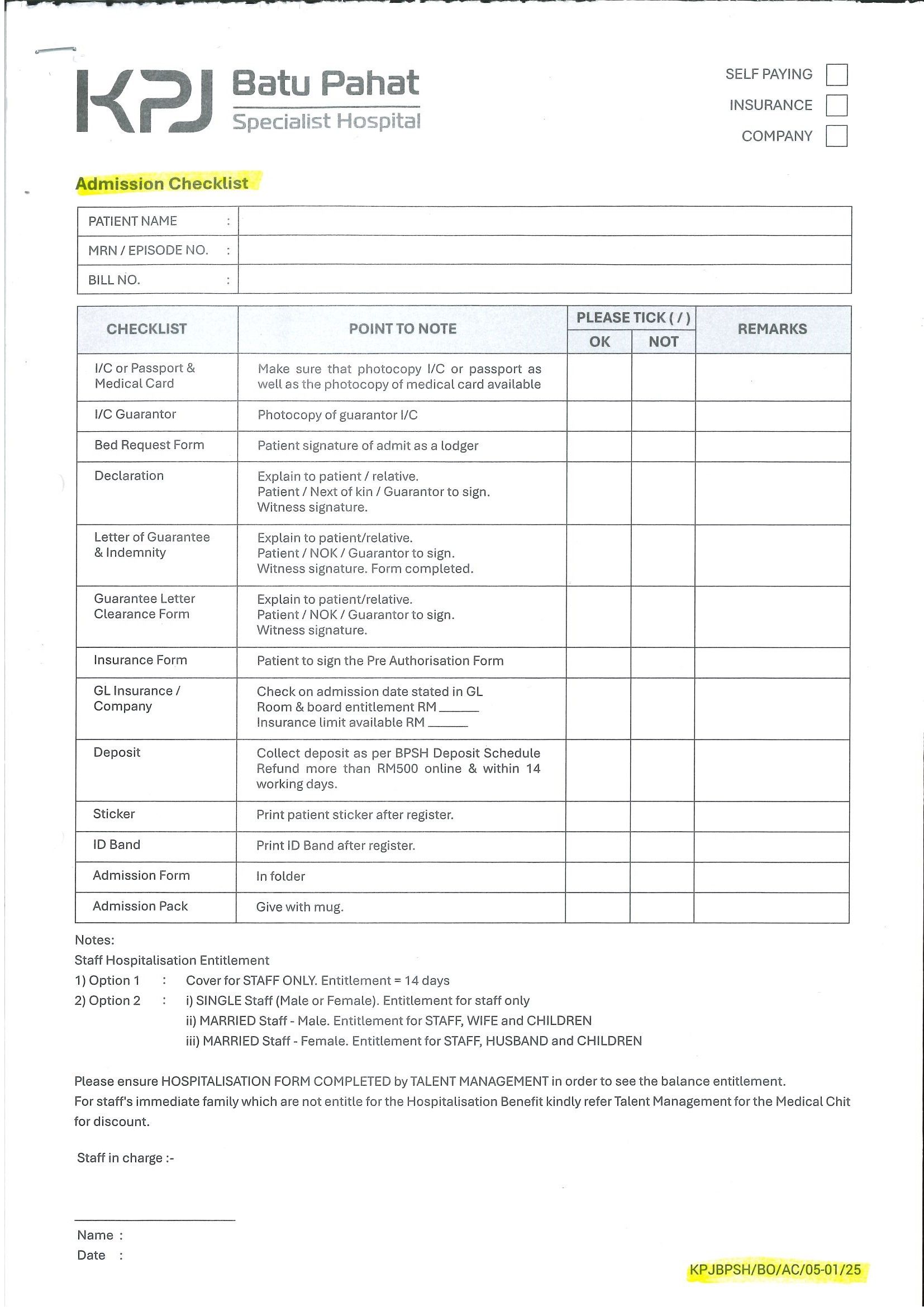 Admission Checklist