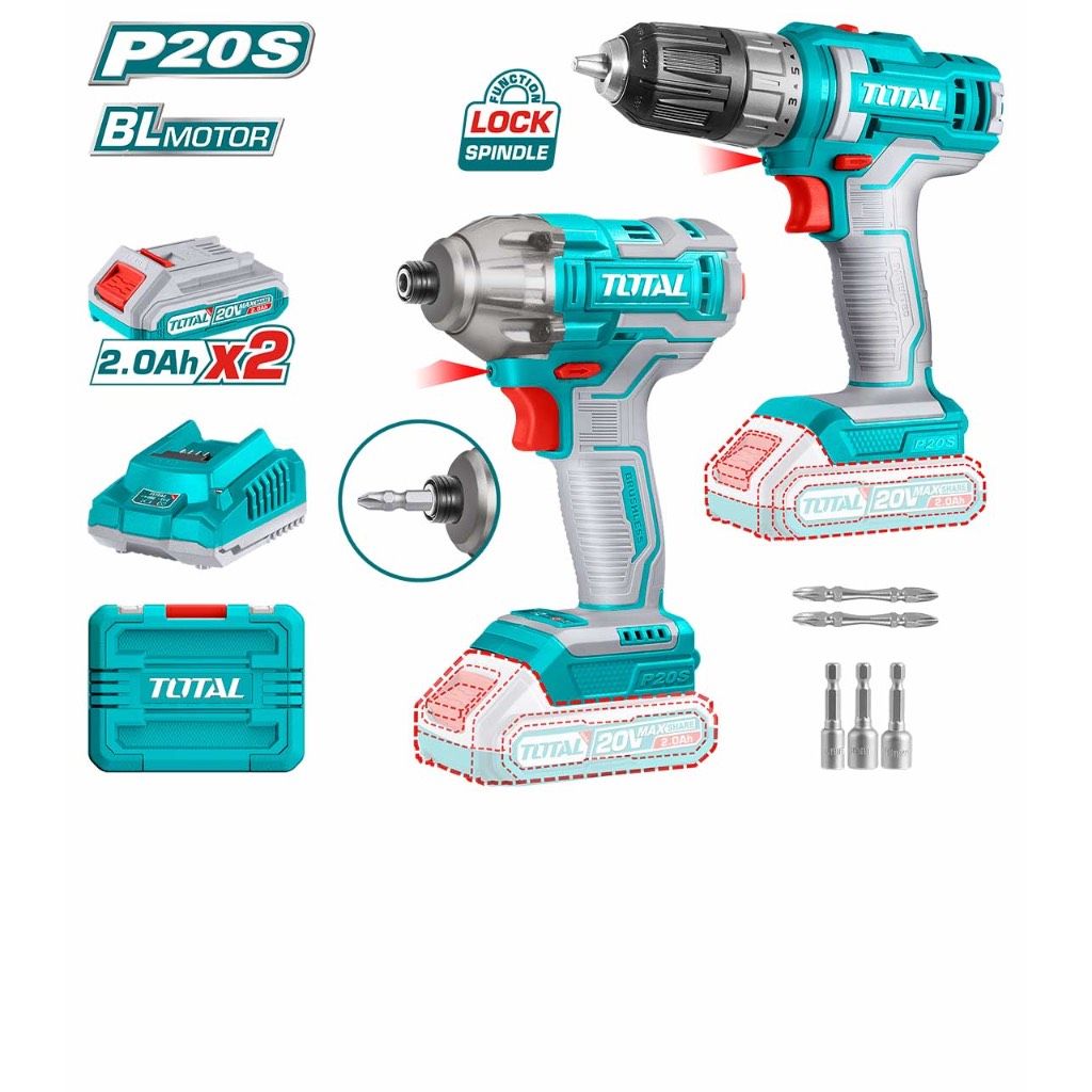 TOTAL LI-ION CORDLESS COMBO KIT WITH IMPACT DRIVER & DRILL (20V) + BATTERY (2 PCS) + CHARGER + CASE P20S TOSLI230708