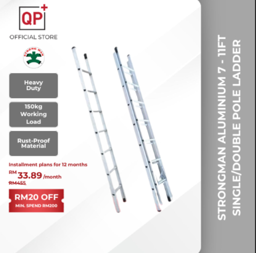STRONGMAN ALUMINUM SINGLE/DOUBLE POLE LADDER HOME CONSTRUCTION USE LADDER 7FT -11FT l TANGGA l 梯子-DOUBLE 11.9X11.9