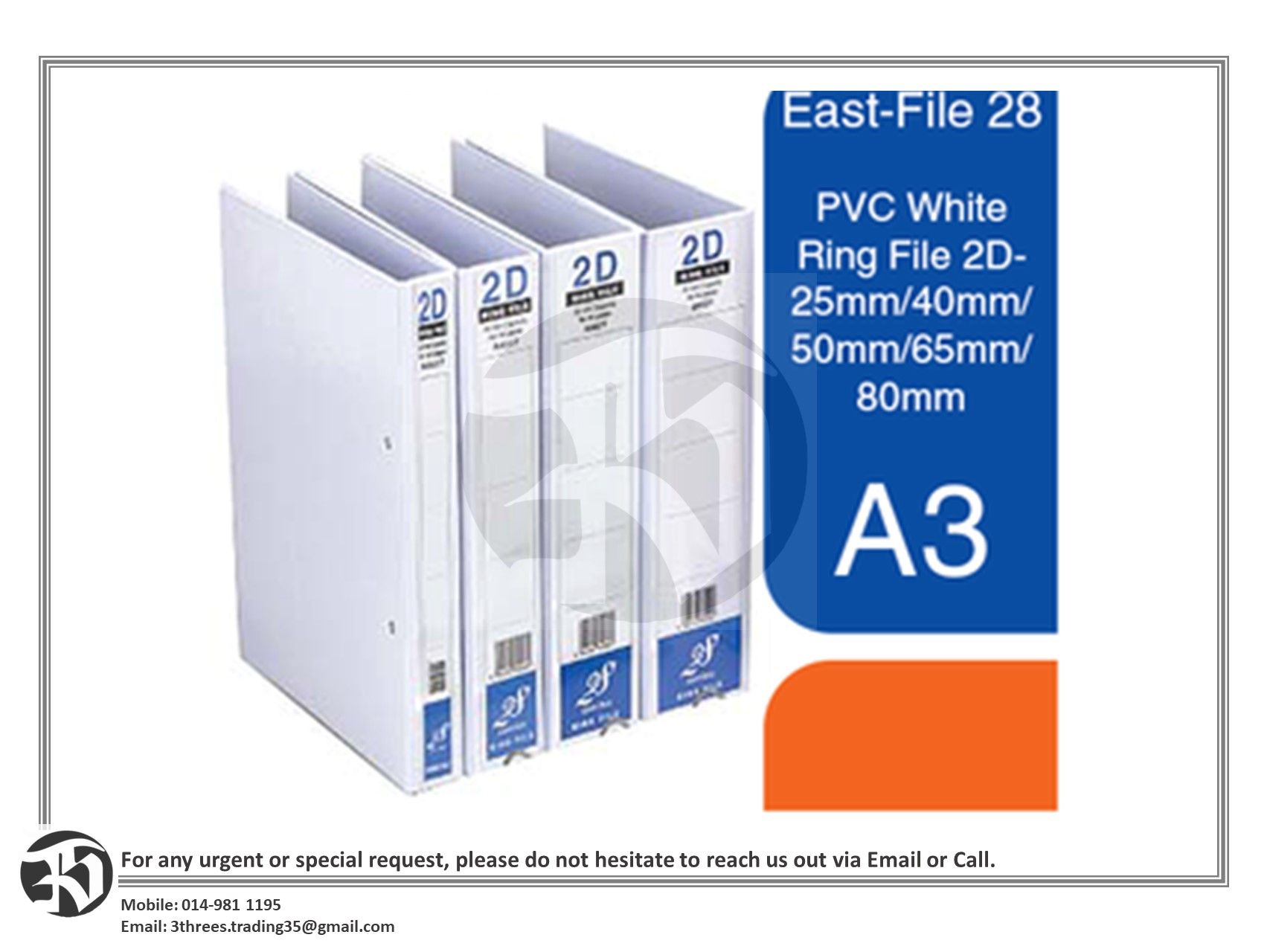 East-File A3 PVC White Ring File 2D - 25mm/40mm/50mm/65mm/80mm