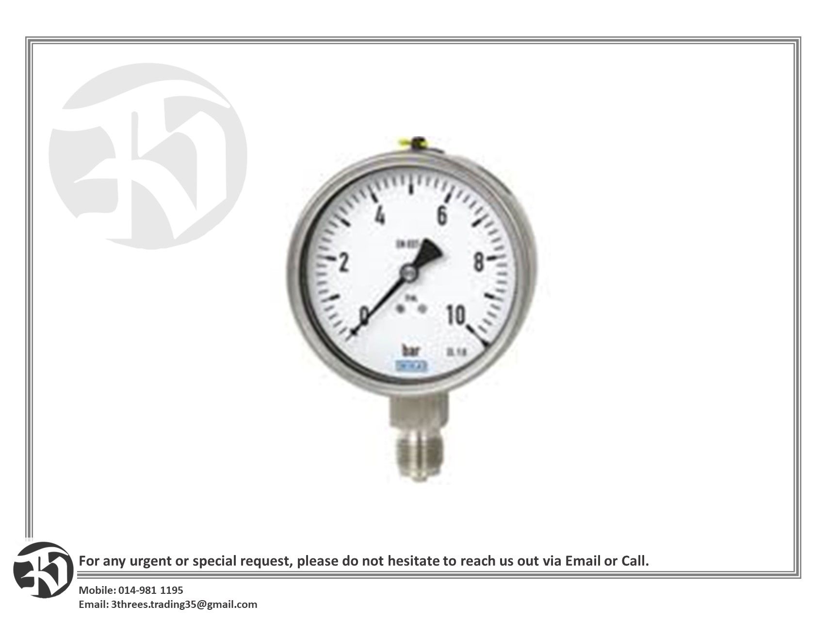 WIKA Gauge 1/4 Analogue Pressure Gauge 1.5bar Bottom Entry, 9640339, -1bar min., 232.50