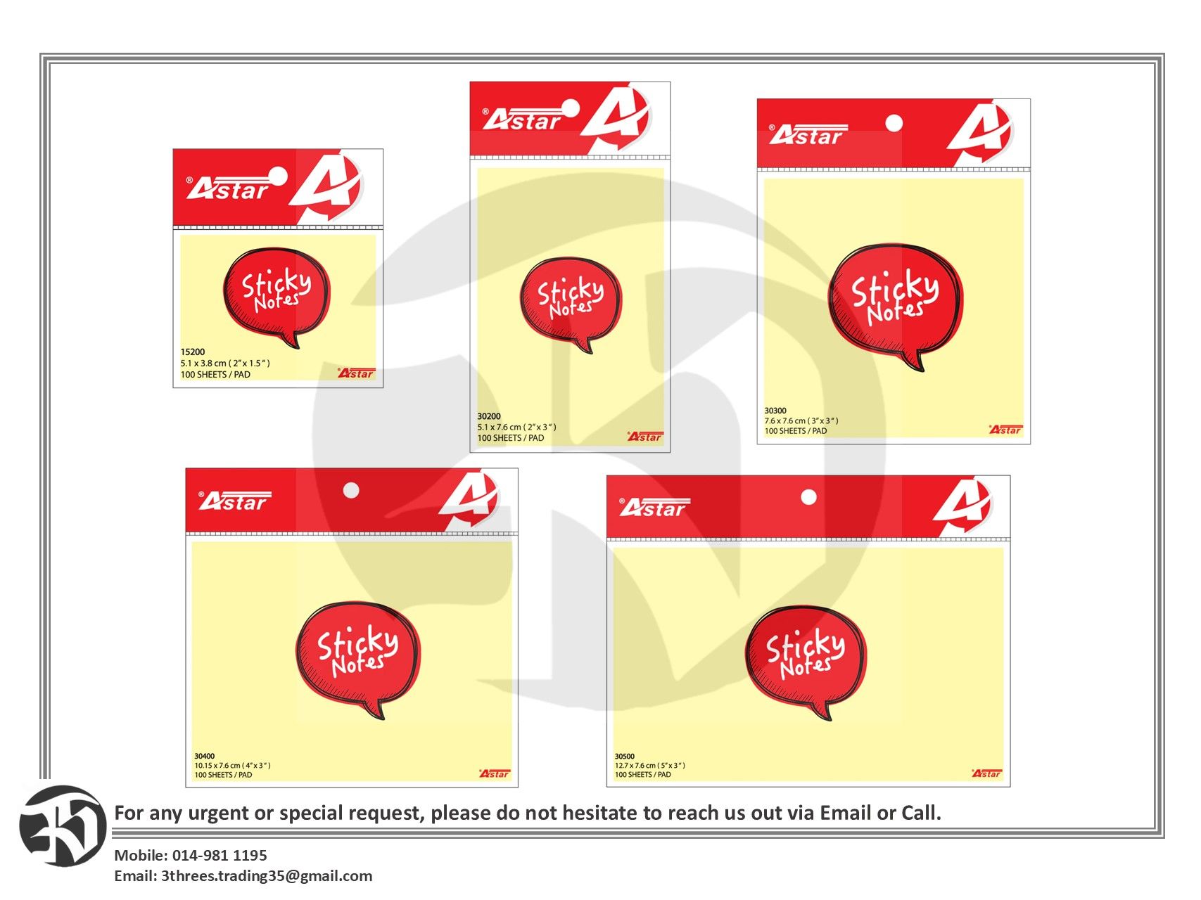 Astar Sticky Notes - Various Sizes (100 sheets/pad)