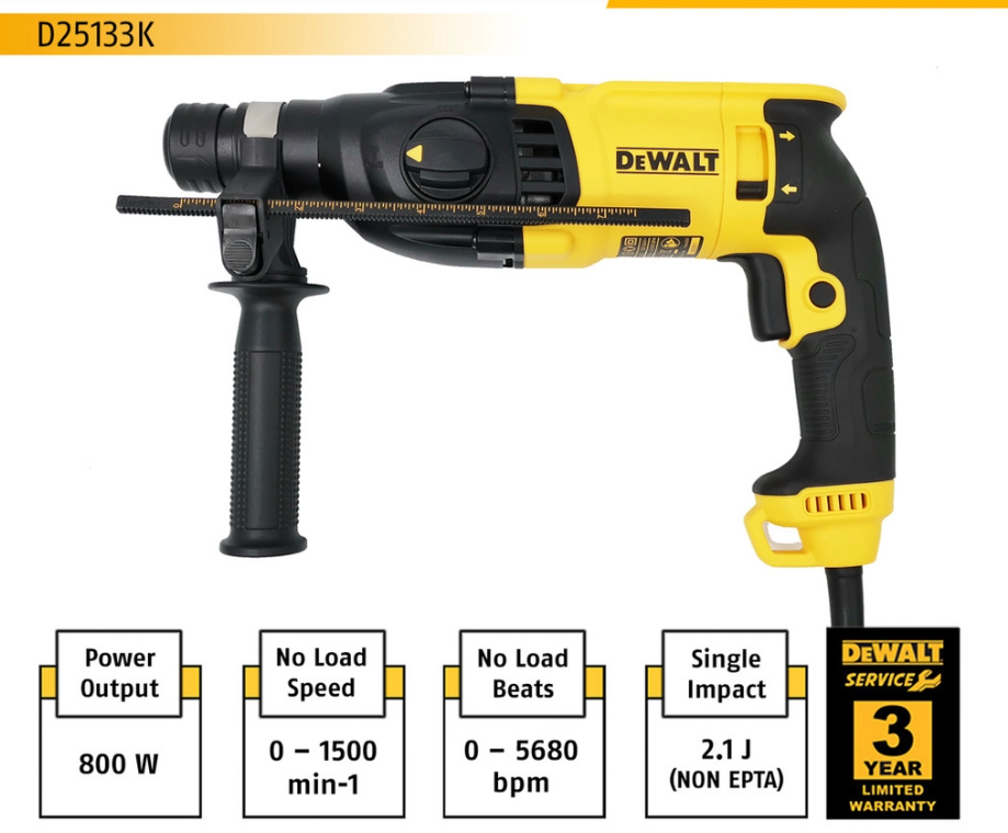 DEWALT D25133K-XD 26MM 800W 3 MODE SDS-PLUS ROTARY HAMMER DRILL / D25133 (STANDARD)