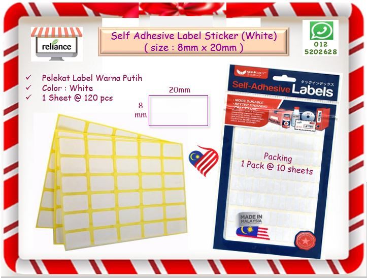 Self Adhesive Label Sticker (White) - 8mm x 20mm / Pelekat Label Putih / Sticker Putih / White Label # RS1712 ( KTT : 1 Paket @ 10 keping x 120 pcs Label Stickers )